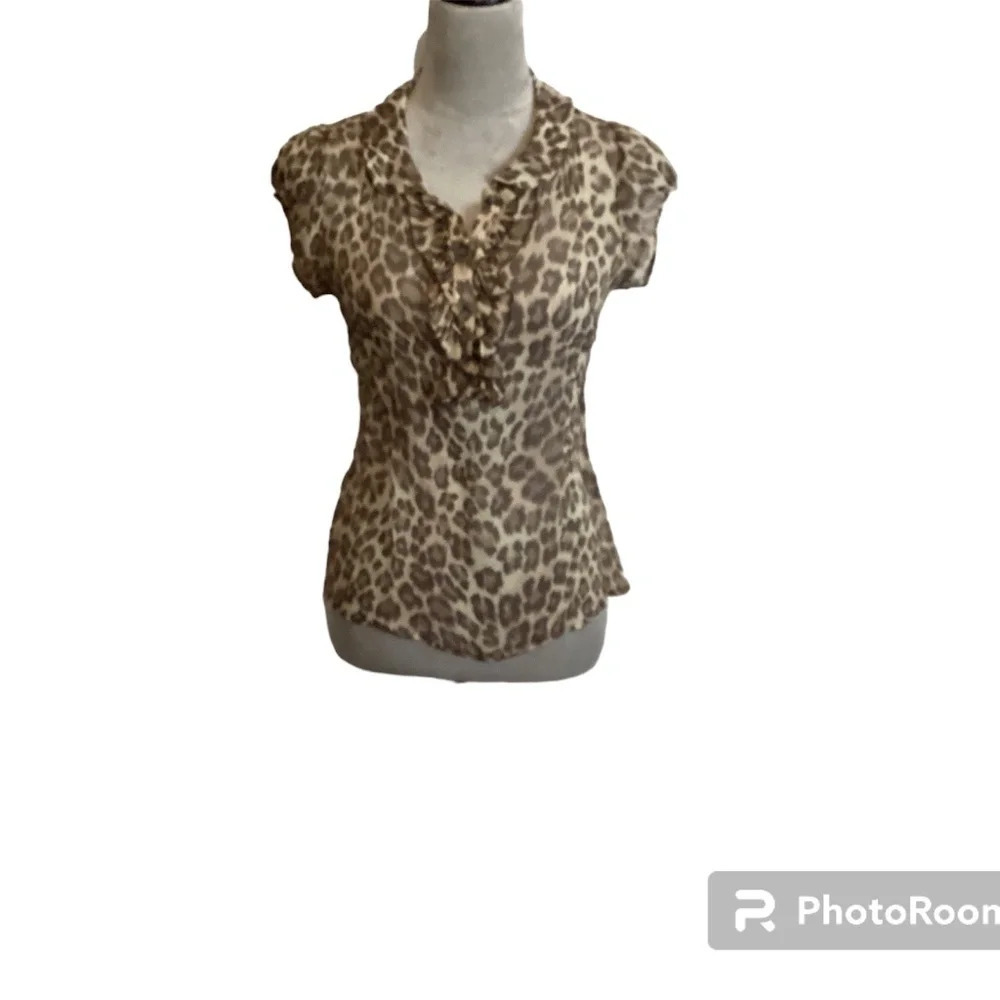 Warehouse Blouse Silk Brown Animal Print Sheer Crinkle Dainty Womens SZ 12